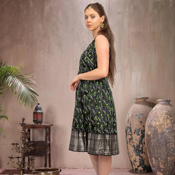 Indian Festive Black and Green Silk Knee Length Dress | Indian Dress in USA Onli - Picture 4 of 5